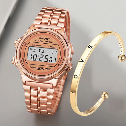 Montre électronique LED décontractée pour femmes, montre numérique LED rétro à bracelet en acier inoxydable pour dames, montre-bracelet de sport multifonction