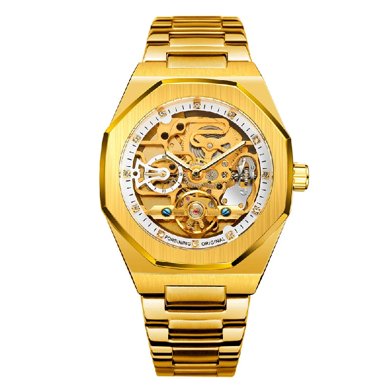 Forsining Fashion Silver Mens Watches Top Brand Luxury Automatic Mechanical Stainless Steel Fashion Business Skeleton Wristwatch