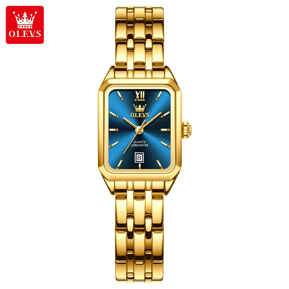 OLEVS 5616 New Quartz Watch for Women Fashion Elegant Square Golden Watch Calendar Waterproof Stainless Steel Ladies Wristwatch
