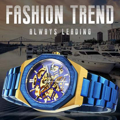 Montre mécanique classique Forsining à squelette pour homme Aiguilles lumineuses Bracelet en acier inoxydable Montres automatiques d'affaires irrégulières