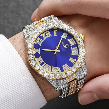 Montre Homme Plein Diamant Tendance, Bracelet Acier Inoxydable, Montres-Bracelets à Quartz pour Hommes, Montres à Calendrier de Date