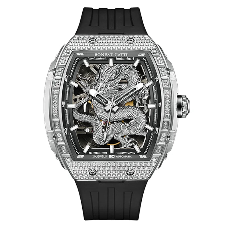 BONEST GATTI Montre automatique homme 43*50mm Tonneau Mécanique Saphir Lumineux Cadran Dragon Bracelet en fluorocarbone