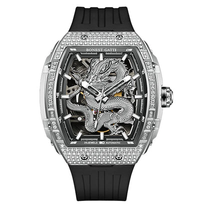 BONEST GATTI Montre automatique homme 43*50mm Tonneau Mécanique Saphir Lumineux Cadran Dragon Bracelet en fluorocarbone