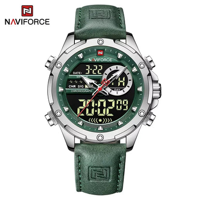 NAVIFORCE – Montres de mode pour homme, bracelet en cuir véritable, décontracté, militaire, étanche, chronographe numérique, mouvement à quartz, alarme