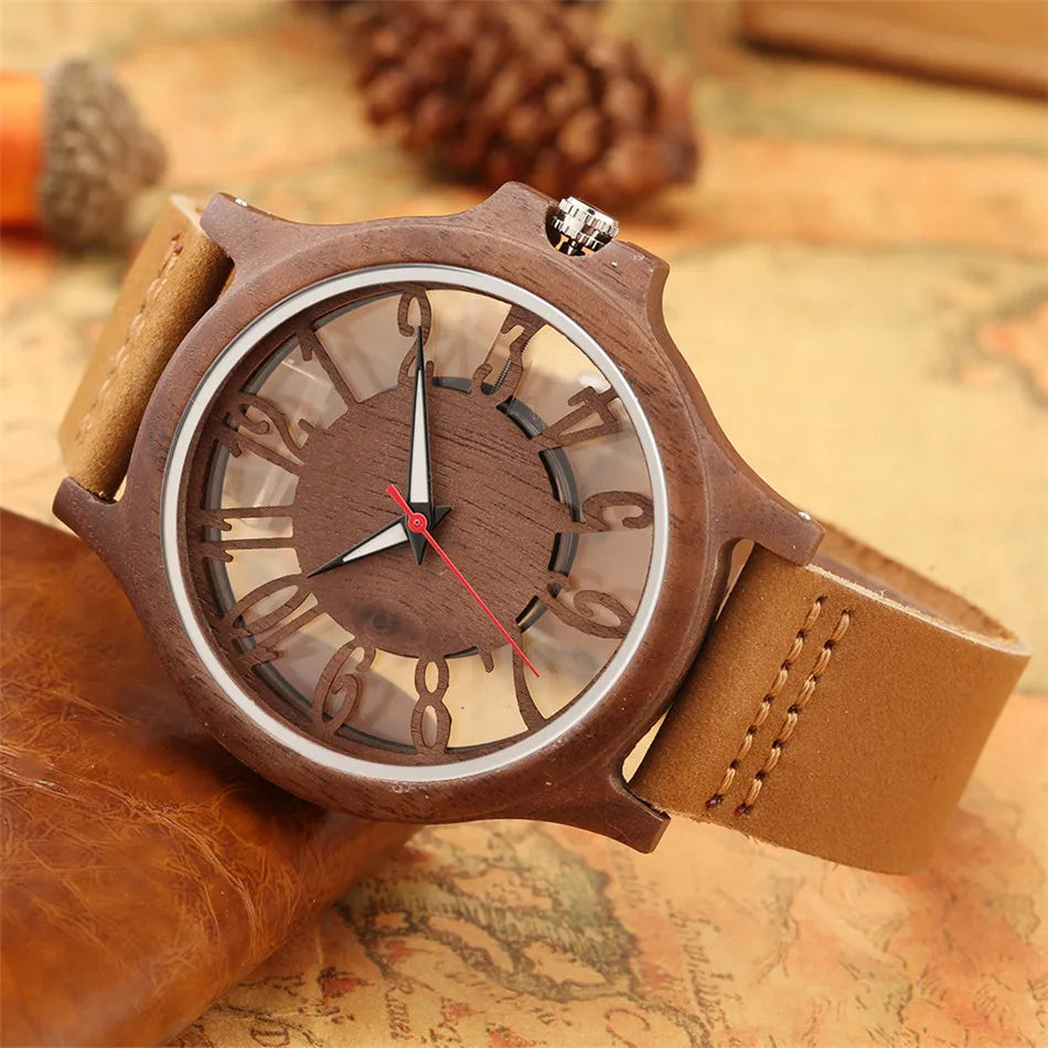 BOBO BIRD W546003 Montres en Bois à Affichage Chiffres Arabes Creux Transparents Quartz