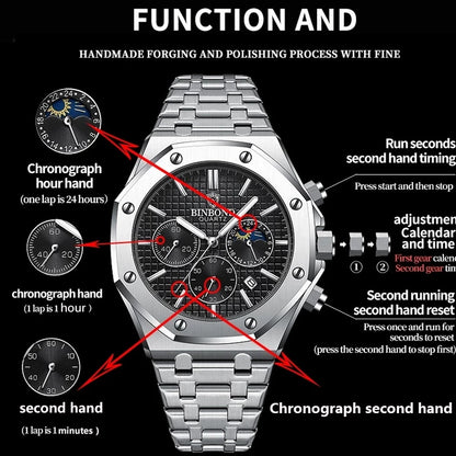 BINBOND 0161 Luminous Chronograph Stainless Steel Watch