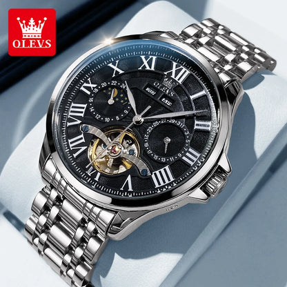 OLEVS 7013 Montre Automatique Homme Phase de Lune Étanche Luxe Montre Homme Date Acier Inoxydable Montre Mécanique