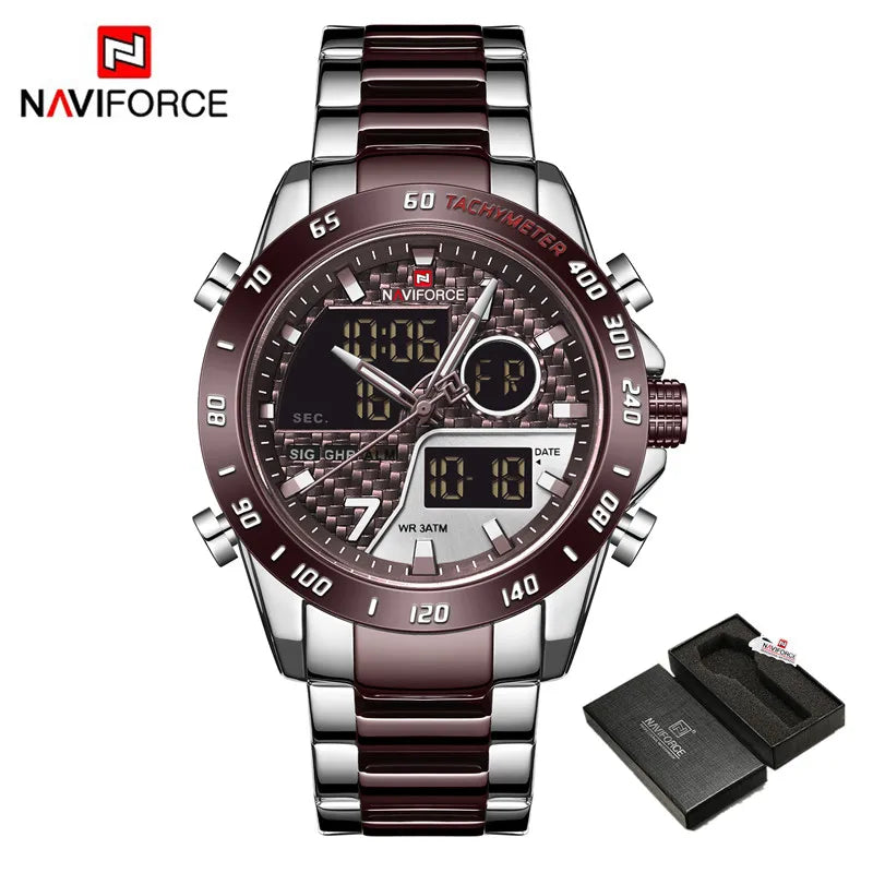 NAVIFORCE Montre-bracelet de luxe pour homme, montres de sport militaires numériques pour homme, bracelet en acier, horloge à quartz, Relogio Masculino
