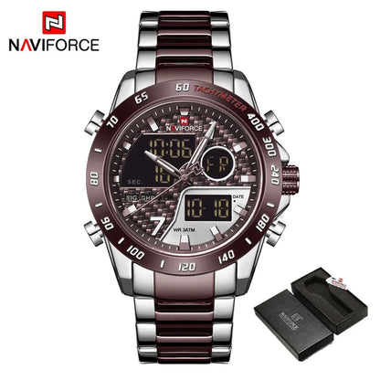 NAVIFORCE Montre-bracelet de luxe pour homme, montres de sport militaires numériques pour homme, bracelet en acier, horloge à quartz, Relogio Masculino