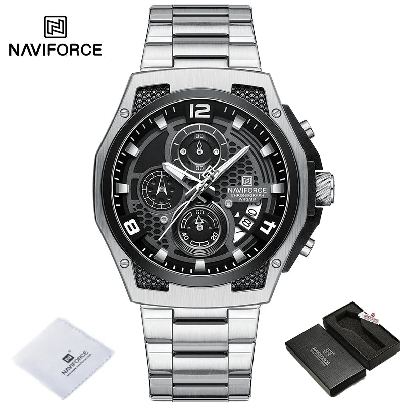 Montres Homme Sport Décontractées Marque NAVIFORCE Chronographe à Quartz Multifonction avec Affichage de la Date Bracelet en Acier Montre-Bracelet Reloj Hombre