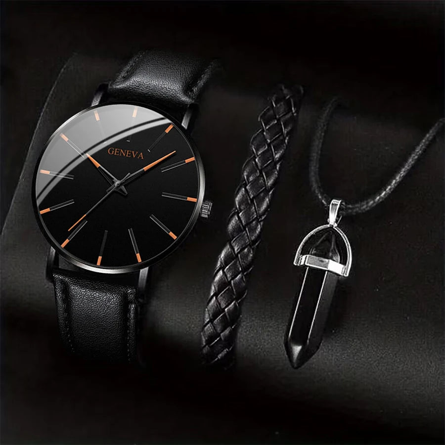 3PCS/Set Montres Business Homme Bracelet Cuir Décontracté Analogique Montre Quartz Homme Collier Bracelet Set