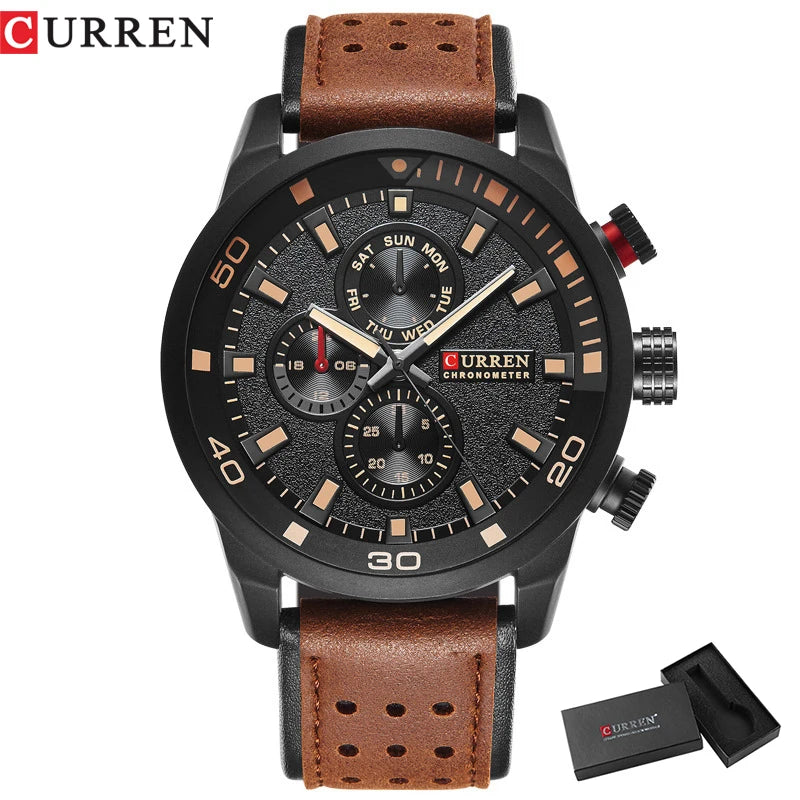 CURREN 8250 Montre Homme Étanche Décontractée à Trois Aiguilles Bracelet en Cuir Respirant