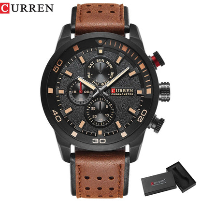 CURREN 8250 Montre Homme Étanche Décontractée à Trois Aiguilles Bracelet en Cuir Respirant