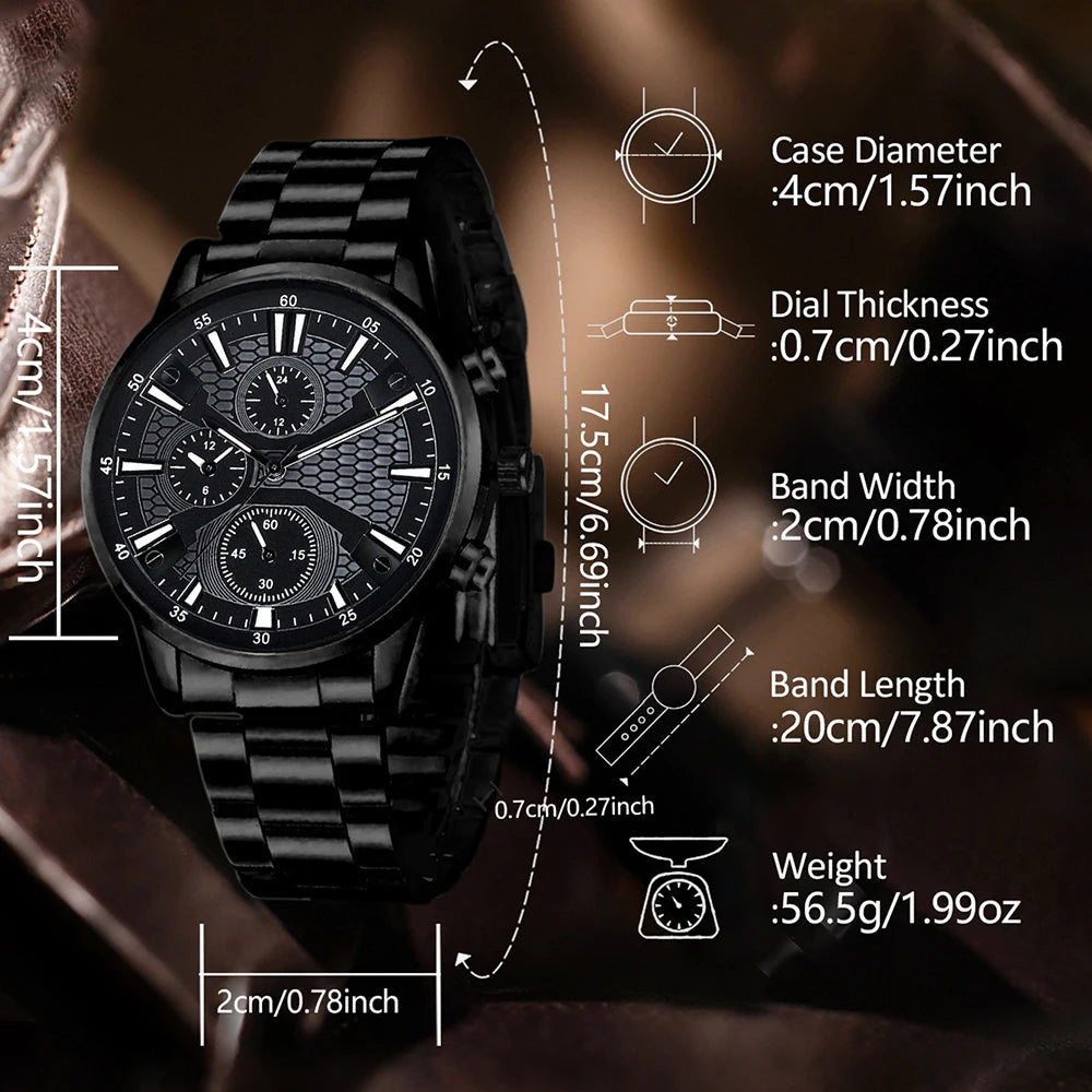 2/4PCS Black Men's Watch Set Business Trend Fashion Quartz Watch Jewelry Set Suitable for Daily Clothing Matching Perfect