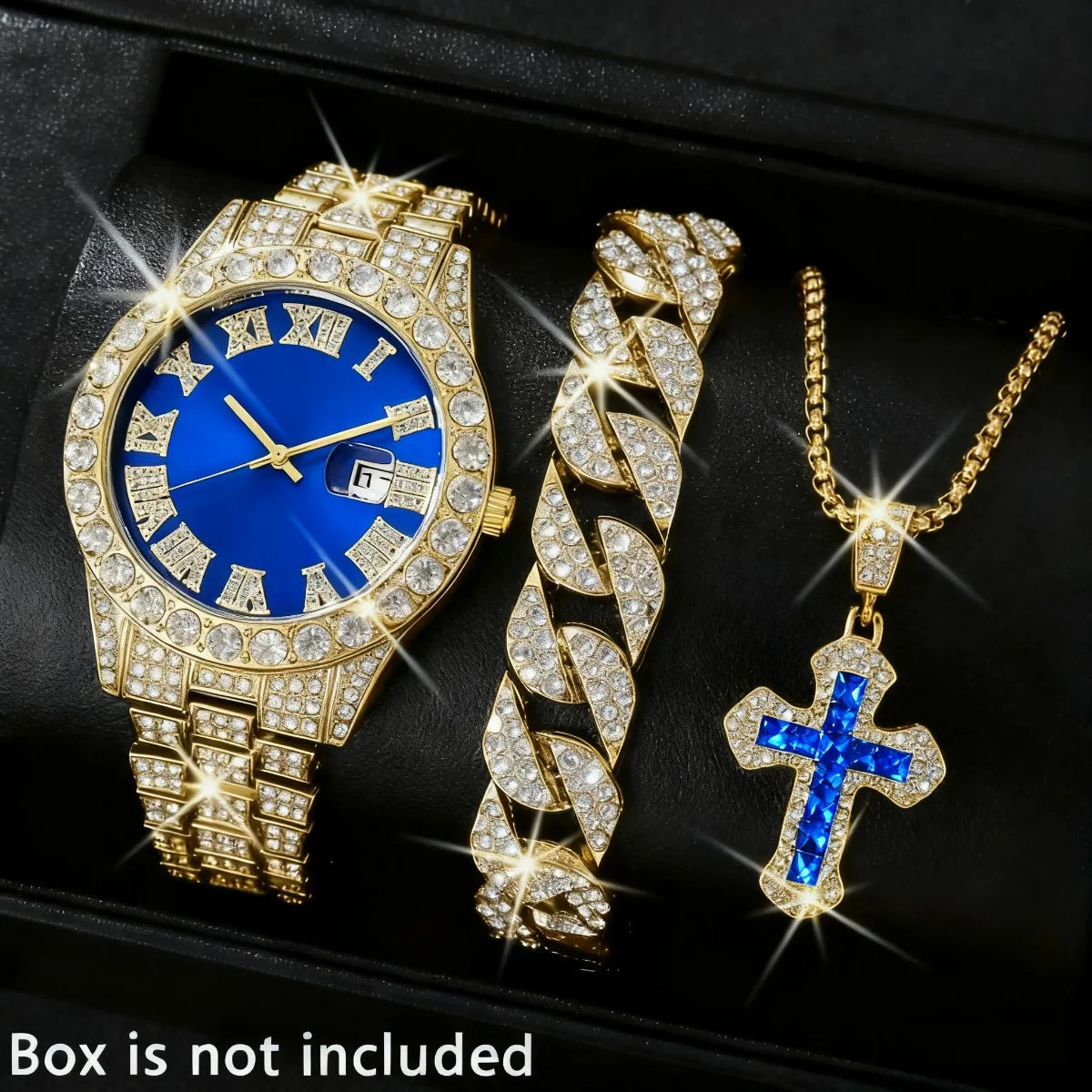 3 montres de luxe pour homme, bracelet, collier, ensemble, mode Hip Pop, montres à quartz avec calendrier pour homme, Reloj Mujer (sans boîte)