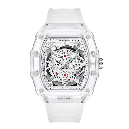 Montre Décontractée Tendance pour Homme Montre à Quartz pour Homme avec Cadran Lumineux, Fonction Calendrier, Bracelet en Silicone, Boîtier Transparent en Forme de Tonneau Reloj