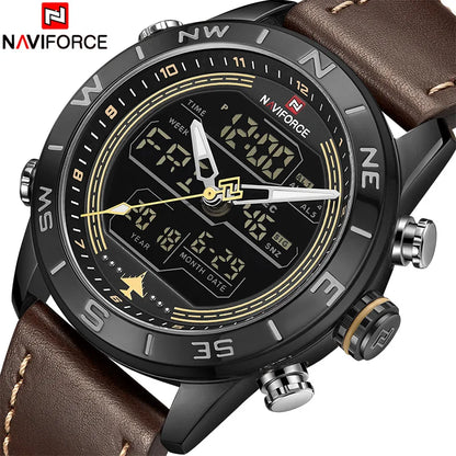 NAVIFORCE – Montre de sport de luxe à quartz pour homme, en cuir véritable, étanche, avec affichage de la date, du jour de la semaine et LED