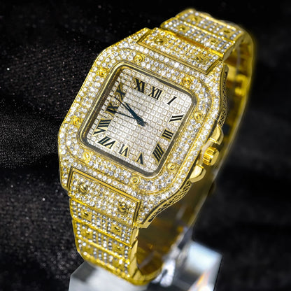 Montre de luxe pour hommes, bracelet élégant en alliage, montre à quartz, date, diamant, or, style Hip Hop Montre Homme