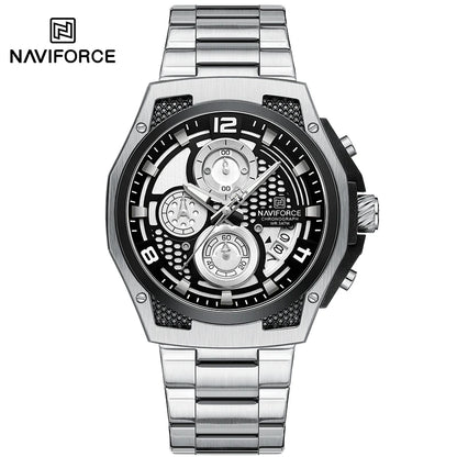 Montres Homme Sport Décontractées Marque NAVIFORCE Chronographe à Quartz Multifonction avec Affichage de la Date Bracelet en Acier Montre-Bracelet Reloj Hombre