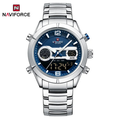 Montre de sport militaire de luxe NAVIFORCE pour hommes, lumineuse, étanche, bracelet en acier, affichage double numérique à quartz, montre-bracelet masculine.