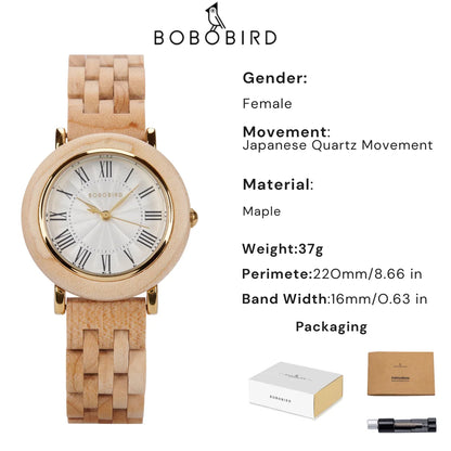 Montre en bois BOBO BIRD pour femmes 2025 Nouvelle montre-bracelet à quartz élégante pour dames et filles Montre en bois naturel Cadeau pour petite amie