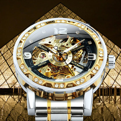 Forsining Luxury Diamond Mechanical Watches Luminous Hands Retro Skeleton Gold Watch for Men Stainless Steel Strap Wristwatches