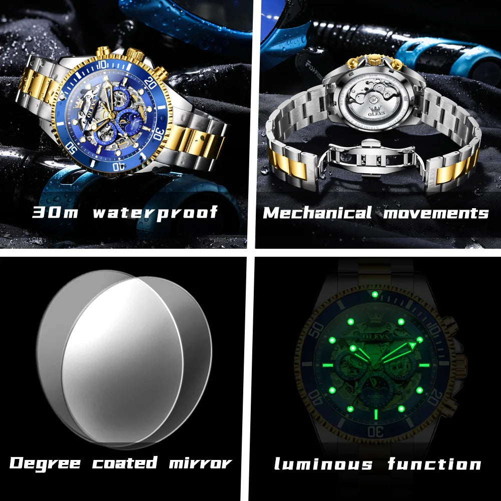 OLEVS Brand Luxury Automatic Mechanical Watch Men Skeleton Watch Week Date Waterproof Stainless Steel Hollow Business Men Watch