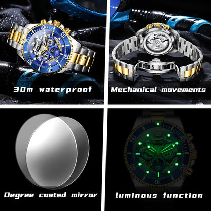 OLEVS Brand Luxury Automatic Mechanical Watch Men Skeleton Watch Week Date Waterproof Stainless Steel Hollow Business Men Watch