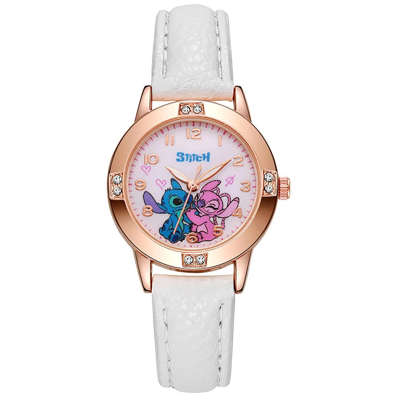 Stitch-themed kids watch with leather strap and rhinestone dial