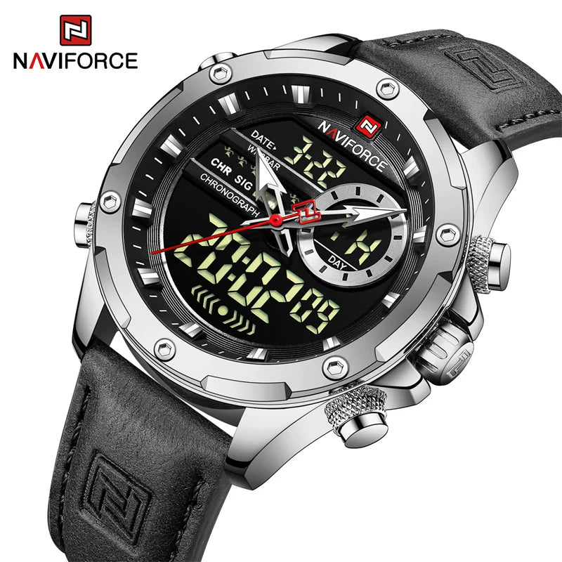 Naviforce Montres Originales pour Hommes 2025 Montre-Bracelet de Luxe Sportive Étanche à Bracelet Corium pour Hommes avec Calendrier Double Affichage