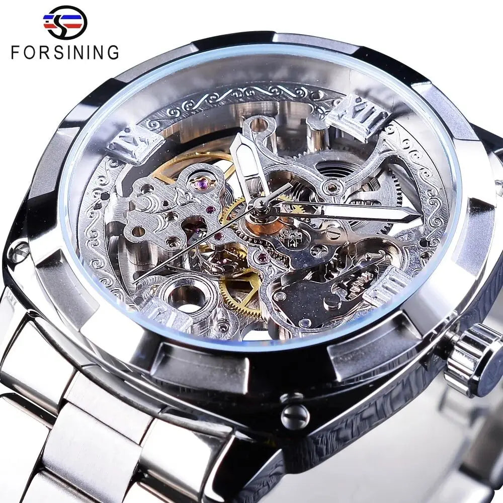 Forsining Montre Mécanique Automatique Transparente Rétro pour Hommes Marque de Luxe Aiguilles Lumineuses Dorées Squelette