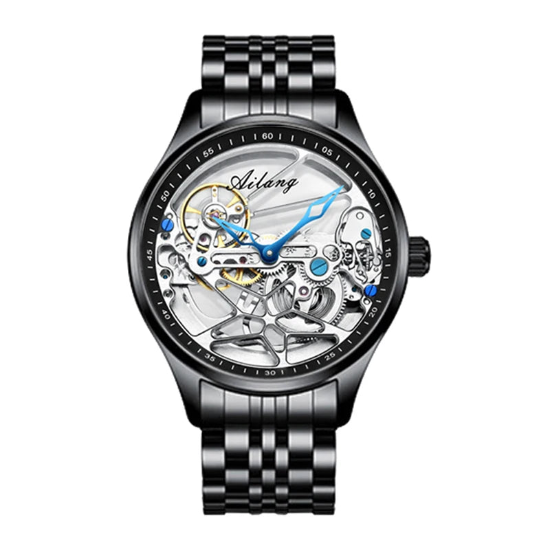 AILANG NEW Skeleton Automatic Movement Watch For Men Mechanical Luxury Black Steel Watches Mens Horloge Tourbillon 2023