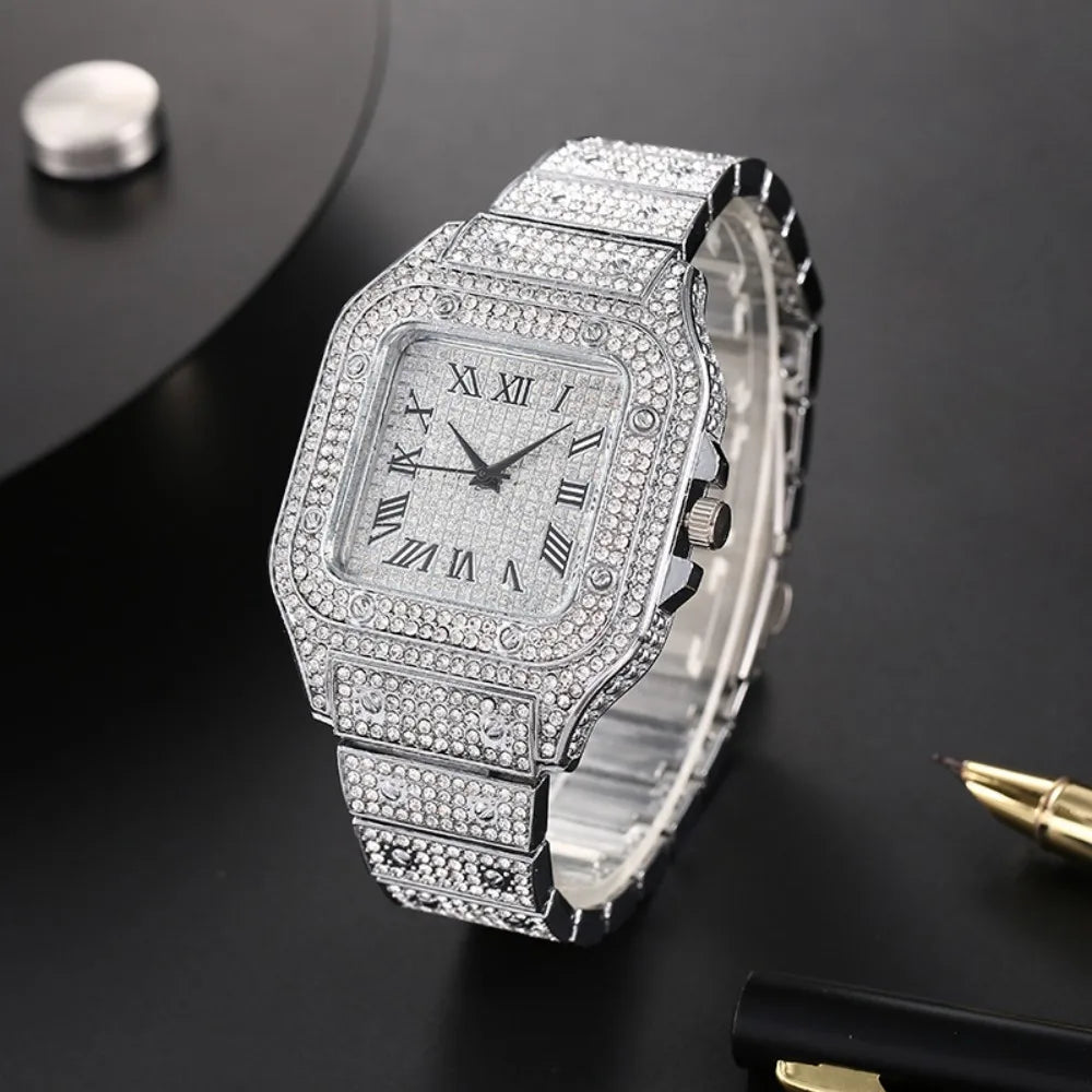 Montre-bracelet à quartz classique de luxe pour hommes avec bracelet en acier, cadran carré à chiffres romains et strass, pour hommes, Relogio Masculino