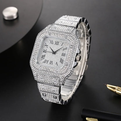 Montre-bracelet à quartz classique de luxe pour hommes avec bracelet en acier, cadran carré à chiffres romains et strass, pour hommes, Relogio Masculino