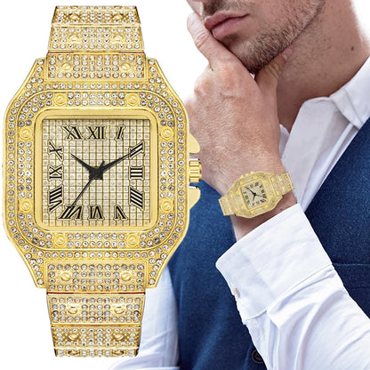 Montre-bracelet à quartz classique de luxe pour hommes avec bracelet en acier, cadran carré à chiffres romains et strass, pour hommes, Relogio Masculino