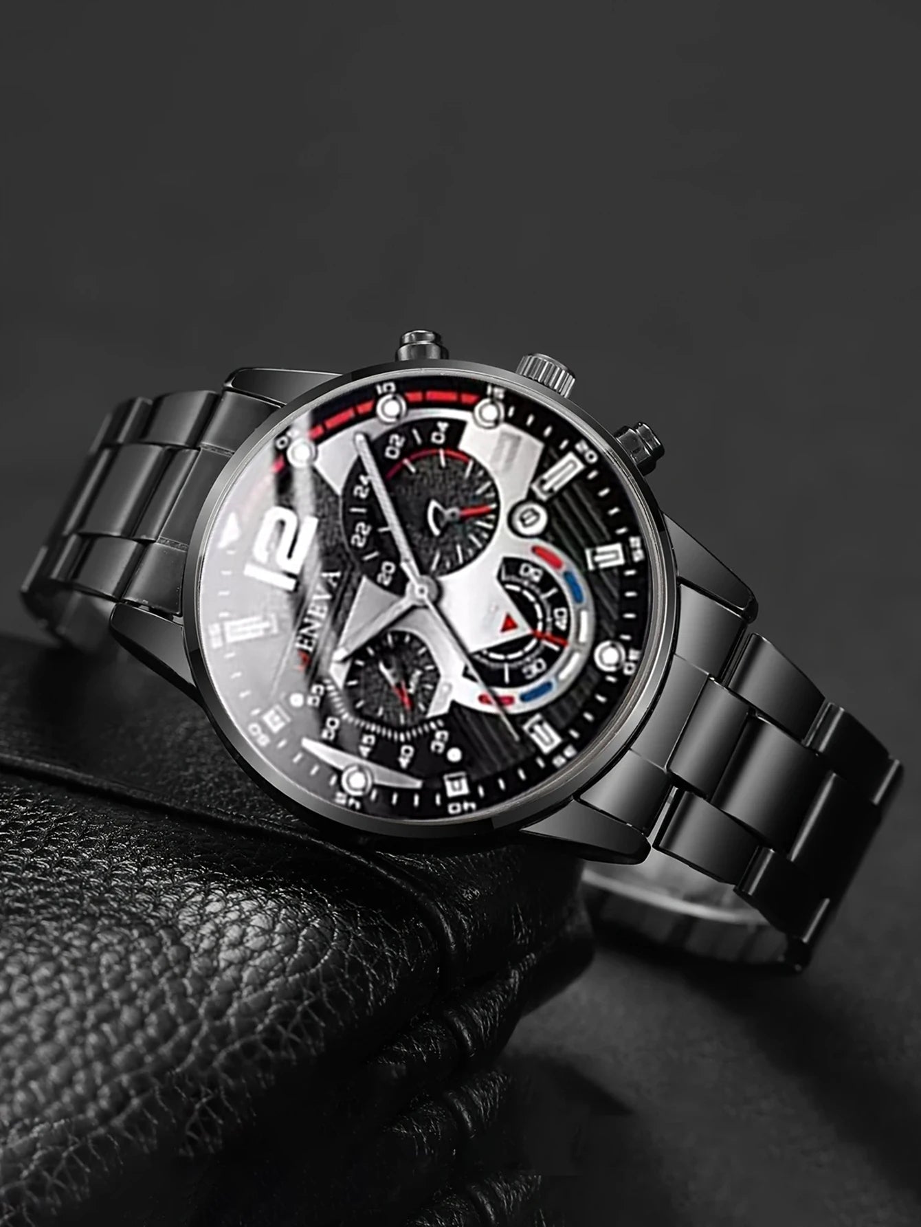 Ensemble Montre Tendance Quartz Homme avec Bracelet Collier Bague Fonction Calendrier Cadeau d'Anniversaire Sans Boîte