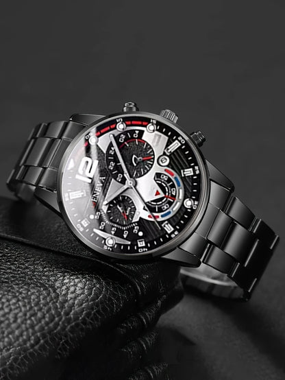 Ensemble Montre Tendance Quartz Homme avec Bracelet Collier Bague Fonction Calendrier Cadeau d'Anniversaire Sans Boîte