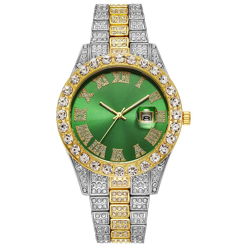 Montre de luxe hip-hop en acier inoxydable doré avec calendrier pour homme, sertie de strass, montre pour homme Reloj Hombre