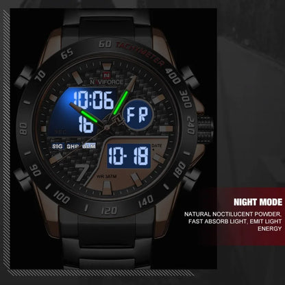 Montres NAVIFORCE Hommes Quartz Double Affichage Lumineux Bracelet en Acier Inoxydable Montre-Bracelet Masculine Affaires Quotidiennes Cadeaux Fête des Pères