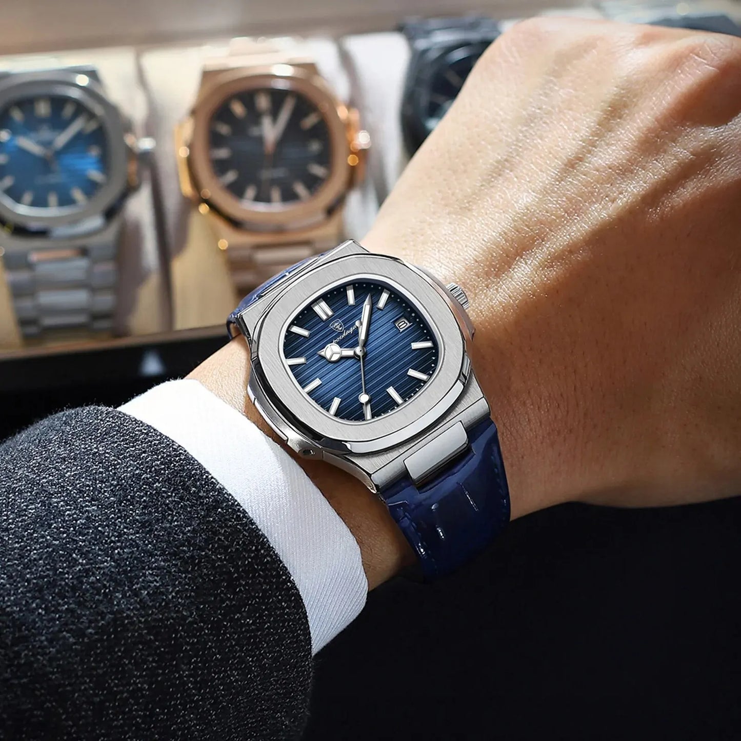POEDAGAR Montre Homme Carrée Luxe Date Étanche Lumineuse Qualité Supérieure Bracelet Cuir Montre-Bracelet Quartz Homme+Boîte Reloj