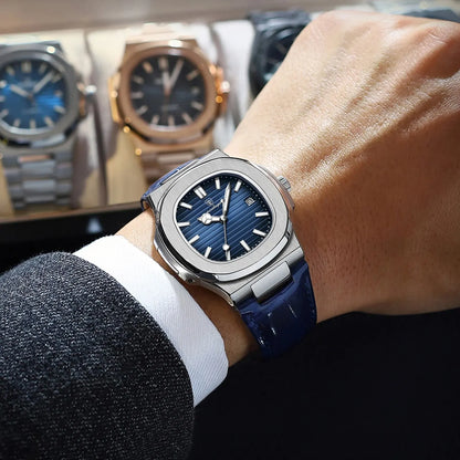 POEDAGAR Montre Homme Carrée Luxe Date Étanche Lumineuse Qualité Supérieure Bracelet Cuir Montre-Bracelet Quartz Homme+Boîte Reloj