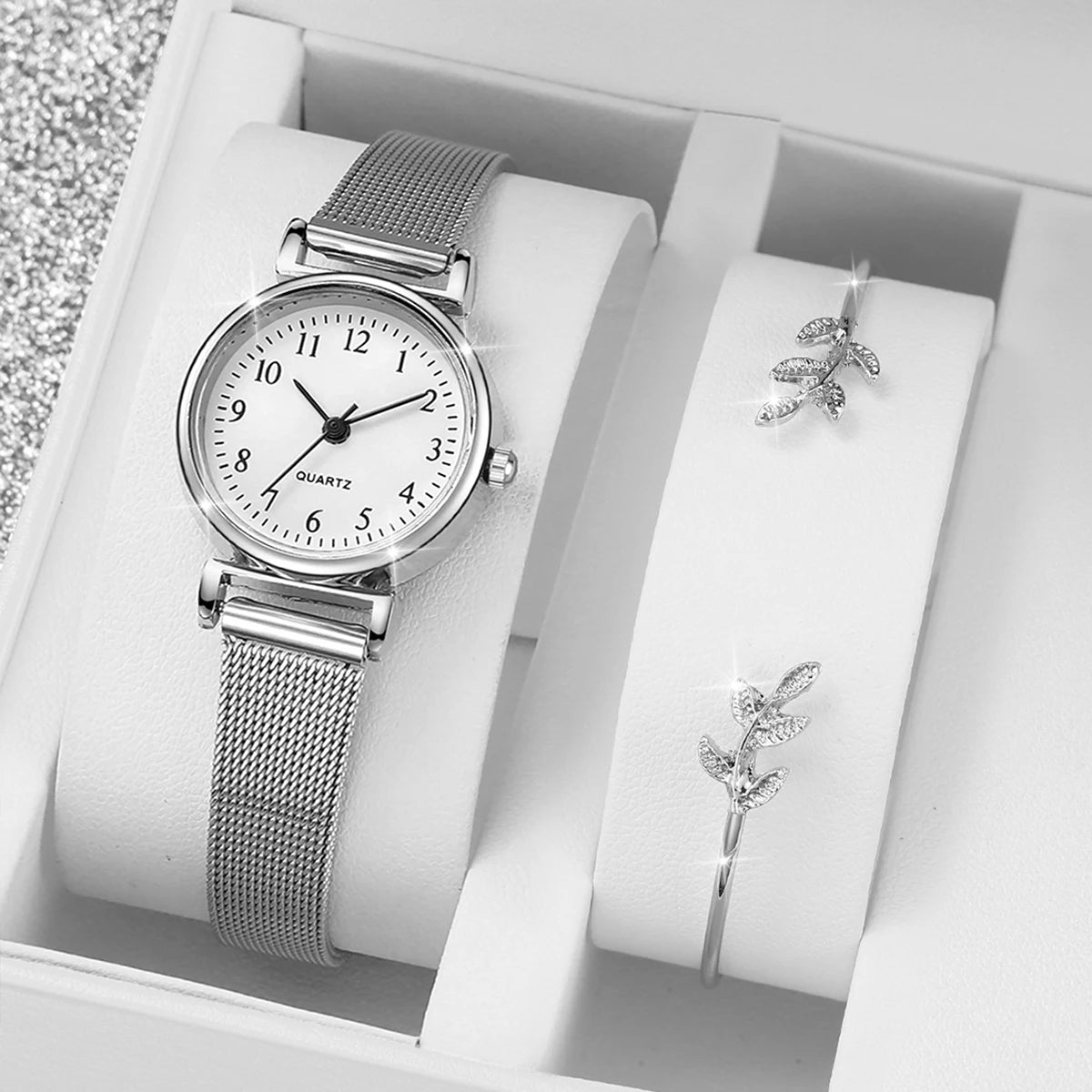 2 montres à quartz pour femme avec cadran arabe, bracelet en maille d'acier, et bracelet jonc assorti (sans boîte)