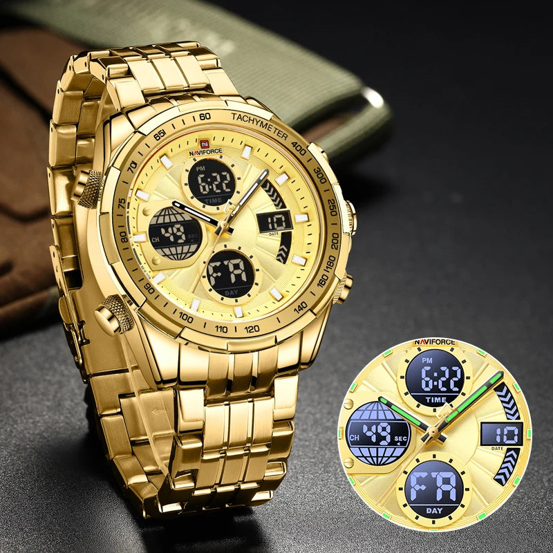 Montres de Luxe NAVIFORCE Or pour Homme Montre-bracelet Sport Militaire Numérique Quartz Bracelet Acier Étanche Lumineuse Réveil