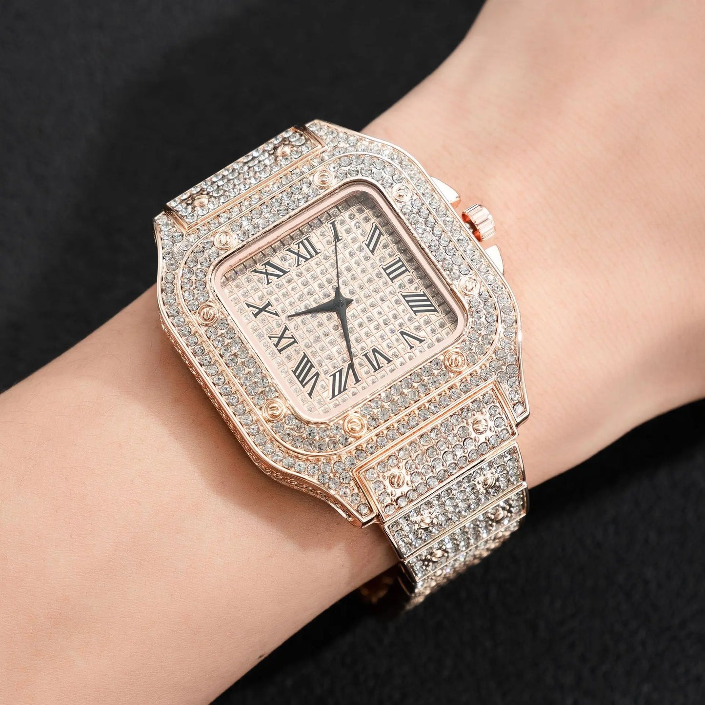 Montres pour hommes, cadran carré, ciel étoilé, ceinture en acier, incrustation de diamant, style européen américain, chiffres romains, montres-bracelets à quartz, cadeau