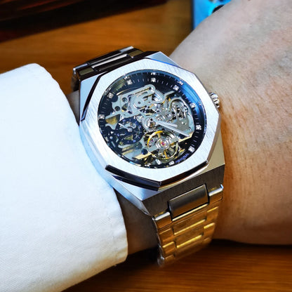 Forsining Silver Automatic Watch Men 3D Diamond Dial Irregular Tourbillon Skeleton Mechanical Wristwatches Luminous Hands Clock