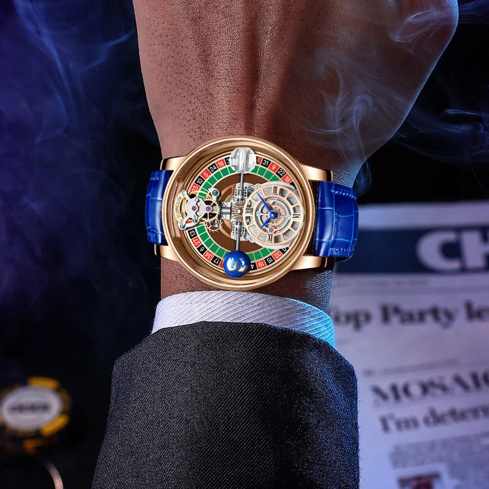 HAEMMER Celestial Roulette watch with transparent hollow dial and leather strap