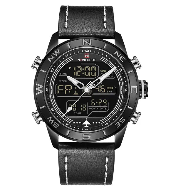NAVIFORCE – Montre de sport de luxe à quartz pour homme, en cuir véritable, étanche, avec affichage de la date, du jour de la semaine et LED