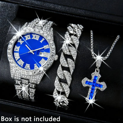 3 montres de luxe pour homme, bracelet, collier, ensemble, mode Hip Pop, montres à quartz avec calendrier pour homme, Reloj Mujer (sans boîte)