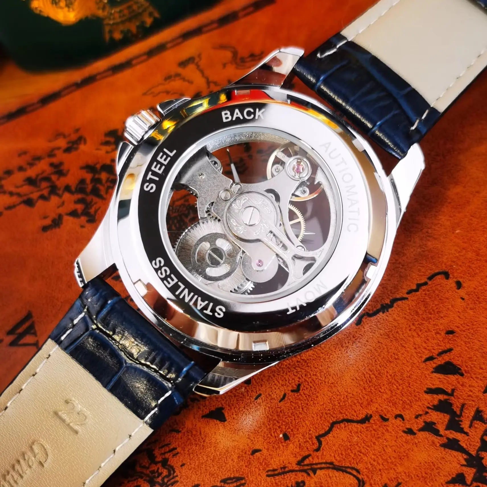 AOKULASIC Luxury Skeleton Automatic Watch for Men Fashion Black Leather Strap Luminous Hands Business Mechanical Mens Watches