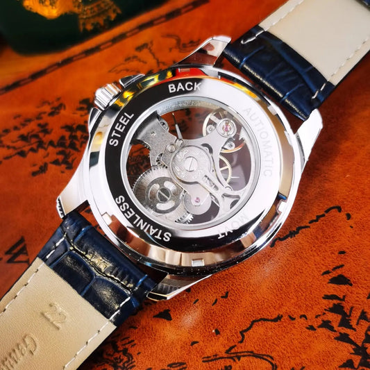AOKULASIC Luxury Skeleton Automatic Watch for Men Fashion Black Leather Strap Luminous Hands Business Mechanical Mens Watches